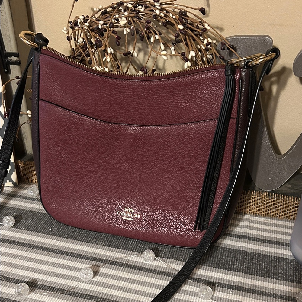 Coach Pebbled Leather Crossbody Bag – Oxblood/Burgundy with Black Trim
